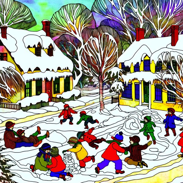Winterse Sneeuwscene Met Kinderen Een kleurrijk cartoonachtige winterscene met kinderen die een sneeuwpop bouwen en sneeuwballen gooien, omgeven door een dikke laag sneeuw.