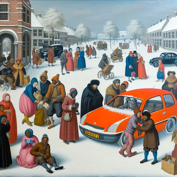 Winterse stadsstraat met auto's en blije mensen Drukke winterse stadsstraat met mensen betrokken bij auto-activiteiten, waaronder een gezin dat hun nieuwe auto bewondert.