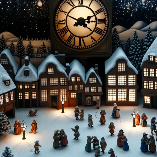 Winterse stadstuin bij benadering middernacht - tijdsnabijheid in schilderkunst Drukbezochte winterse stadstuin bij nacht met klokkentoren die ongeveer middernacht aangeeft, in de stijl van Hendrick Avercamp