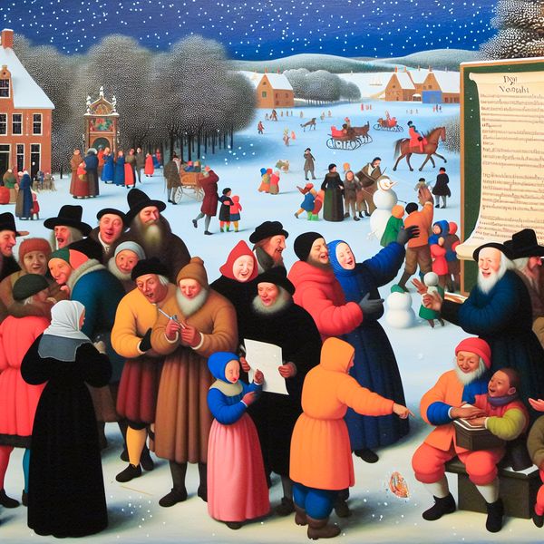 Winterse Taakplanning: Groep Bespreekt Evenement Groep mensen in warme kleding bespreekt enthousiasme planning evenement met grote poster in sereen winterlandschap met vallende sneeuw