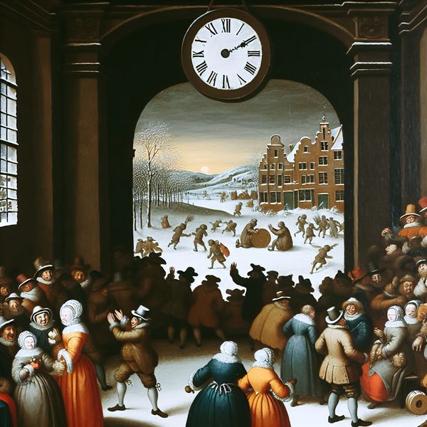 Winterse theatervoorstelling eindigt om tien uur Een levendige winterse scène met een theaterperformance die om tien uur eindigt, met juichende mensen in een sneeuwlandschap.