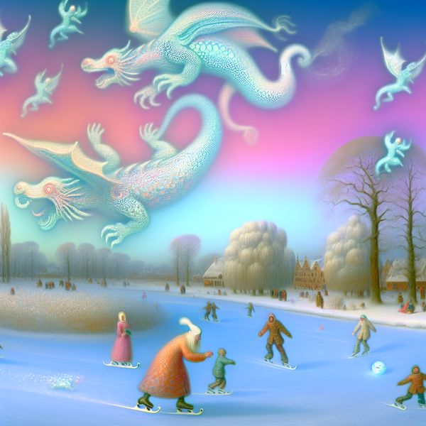 Sprookjesachtige winterscène met fantasiewezens en verbeelding Dromerig wintertafereel met schaatsers, zwevende fantasiewezens en vliegende draken in een sprookjesachtige wereld, geïnspireerd op de stijl van Hendrick Avercamp