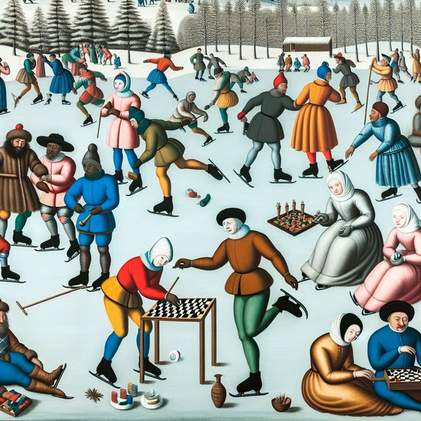 Wintersportactiviteiten op een Bevroren Meer Vibrante wintersportscene met diverse mensen die outdooractiviteiten uitvoeren op een bevroren meer, zoals schaatsen en spelletjes spelen.