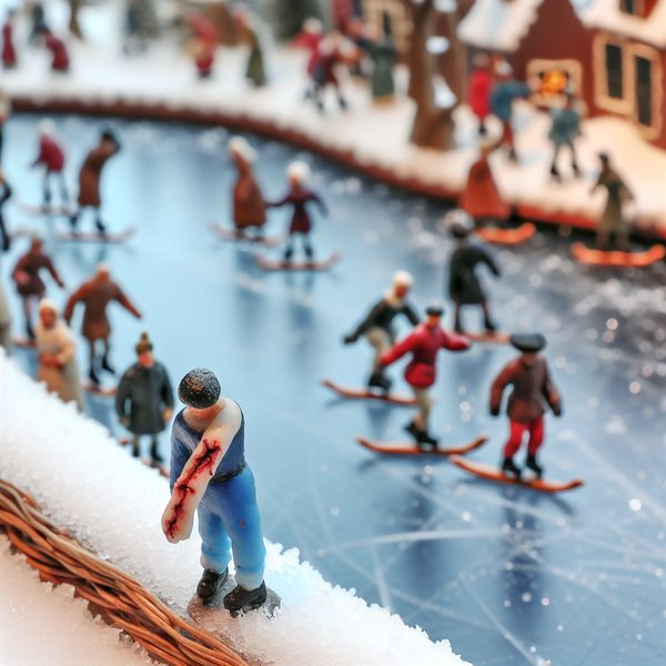 Historisch wintertafereel met bewijs van verleden ongeluk op bevroren kanaal Wintertafereel met schaatsers op een bevroren kanaal, waarbij een persoon met littekens op de arm stilzwijgend getuigt van een vroeger ongeluk als bewijs