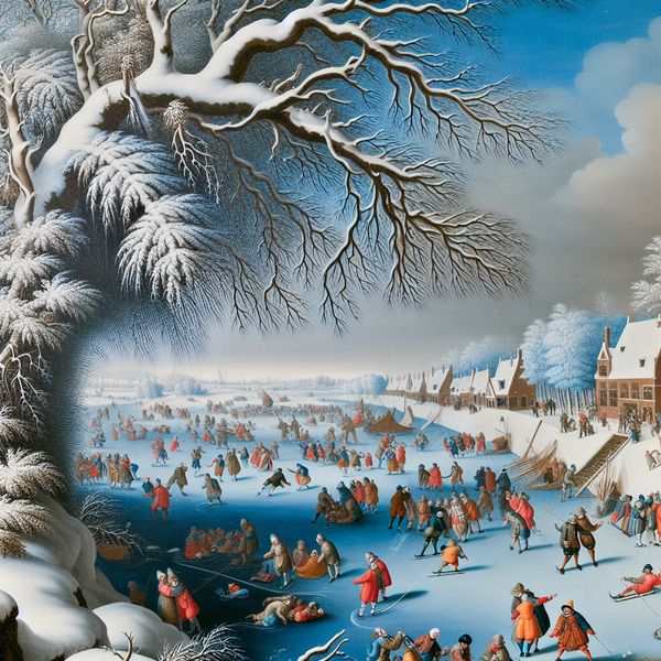 Wintertafereel met brekende tak door sneeuwdruk - Nederlandse woordenschat breken Gedetailleerde wintertafereel in de stijl van Hendrick Avercamp met schaatsers op een bevroren kanaal, waarbij een tak met een scherp geluid breekt onder het gewicht van sneeuw