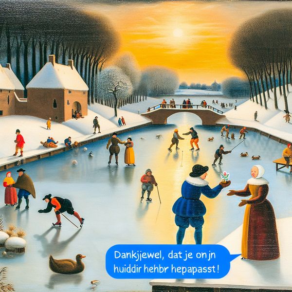 Een schilderachtig winters tafereel in de stijl van Hendrick Avercamp met mensen op een bevroren kanaal.