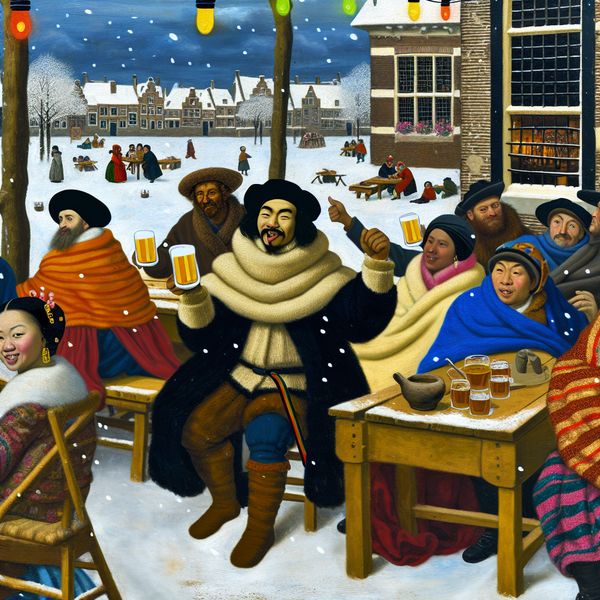 Winterterrasscène met mensen die bier drinken Een man die blij een glas bier verheft op een winterterras met vrienden.