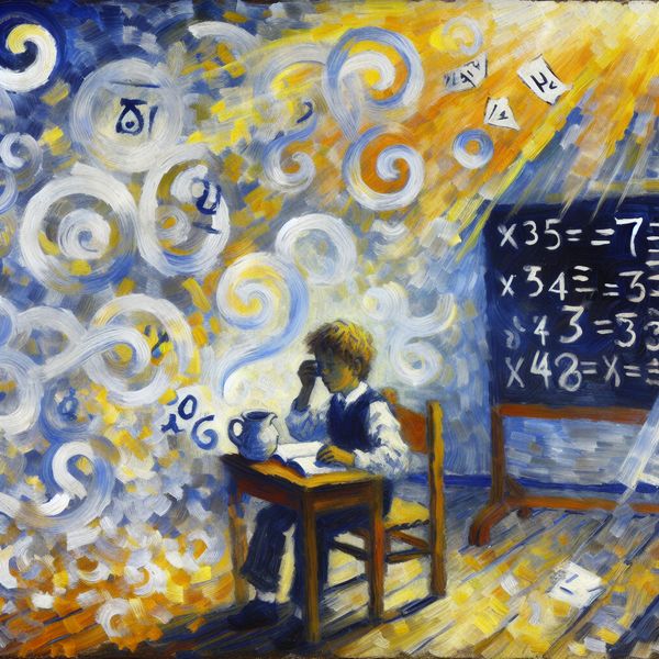 Jongen lost rekenopgave met breuken op in een levendige Van Gogh-stijl klaslokaal met zwevende getallen en symbolen