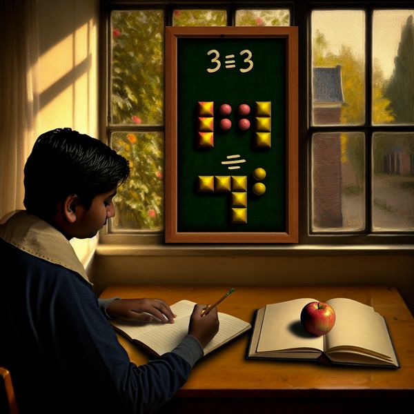 Wiskunde leren: kwadrateren van getallen met visuele voorbeelden Jonge student lost een wiskundeprobleem op met een visuele weergave van 3 keer 3 is 9, in een rustige binnenomgeving met zacht licht