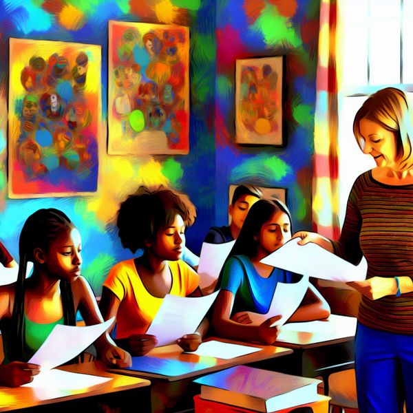 Leerkracht deelt wiskundetoets uit in een levendige klas Een vrouwelijke lerares deelt wiskundetoetsen uit aan een groep diverse, enthousiaste leerlingen in een kleurrijke klas.