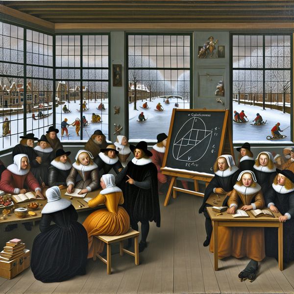 Wiskundige redenering in historische setting: Stelling van Pythagoras in 17e-eeuws klaslokaal 17e-eeuwse Nederlandse klaslokaal aan een bevroren kanaal waar een leraar de stelling van Pythagoras uitlegt aan geïnteresseerde studenten in historische kleding