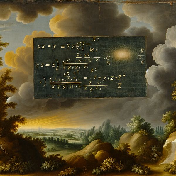 Wiskundige variabele z in Nederlandse landschapschilderkunst met vergelijking x + y = z 17e-eeuws Nederlands landschap met wiskundige vergelijking x + y = z op een krijtbord, symbool voor onbekende variabele in formules