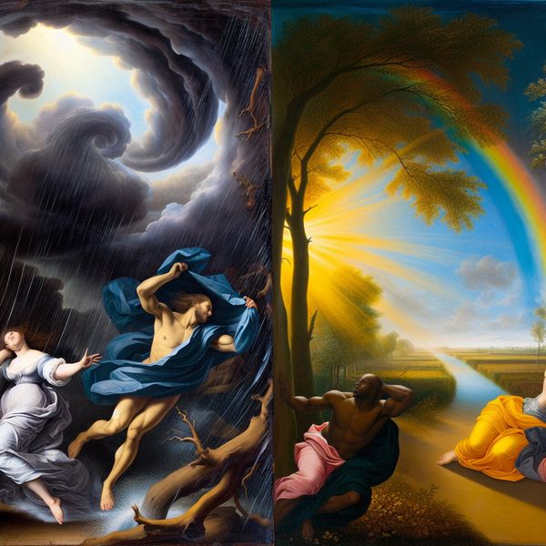 Barokke schildering van het wisselvallige Nederlandse weer met storm en zonneschijn, geïnspireerd op Peter Paul Rubens