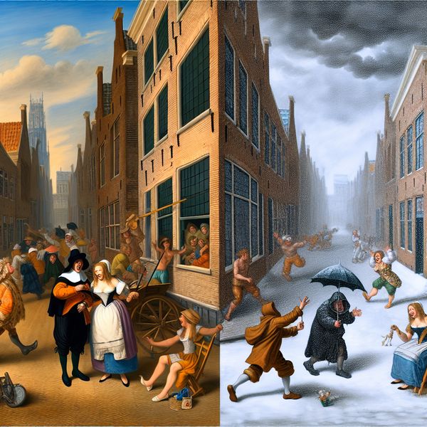 Drukke Nederlandse straat met wisselend weer in één dag, van zon en regen tot sneeuw, in de levendige stijl van Jan Steen