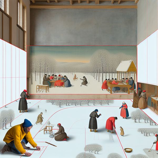 Gedetailleerde winterse scène geïnspireerd op Hendrick Avercamp, waarin een persoon een paginalay-out ontwerpt met veel witruimte rond tekst en illustratie van een winterlandschap