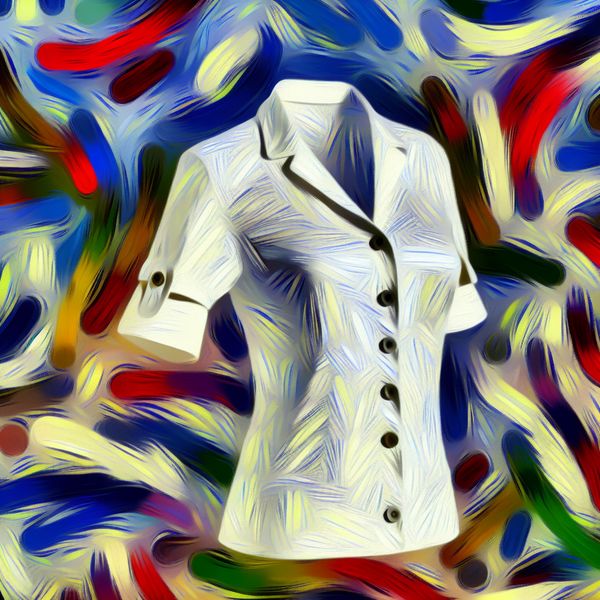 Abstract expressionistische illustratie van een witte blouse met korte mouwen, knopen en kraag, klaar om gedragen te worden naar werk, school of een feestje