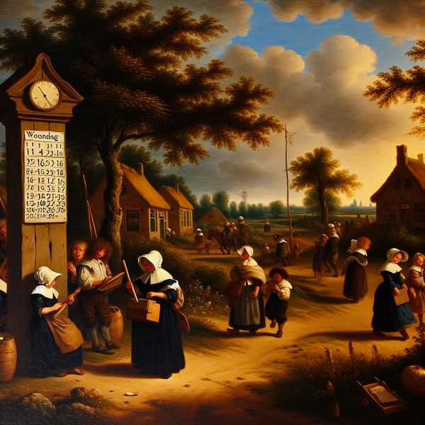 17e-eeuws Nederlands landschap met een kalender waarop 'woensdag' is gemarkeerd, kinderen verlaten een schooltje en dorpsbewoners gaan aan het werk