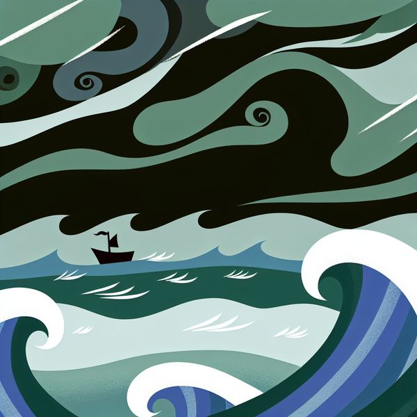 Woeste zee bij storm - Minimalistische illustratie Minimalistische illustratie van een woeste zee tijdens een storm met hoge golven en een klein bootje