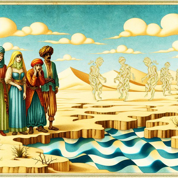 Woestijnlandschap met herkans van water Een schilderachtige woestijnscène met moeizame reizigers die naar een verre oase kijken.