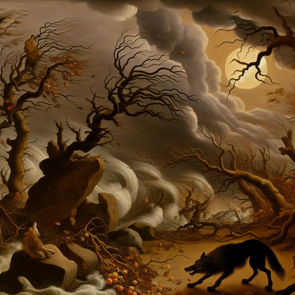 Wolf huilt in storm: natuurlijke geluiden en het huilen van dieren en wind Wolf huilt tijdens stormachtige nacht met volle maan en woeste wind, illustratie van het geluid 'huilen' in de natuur