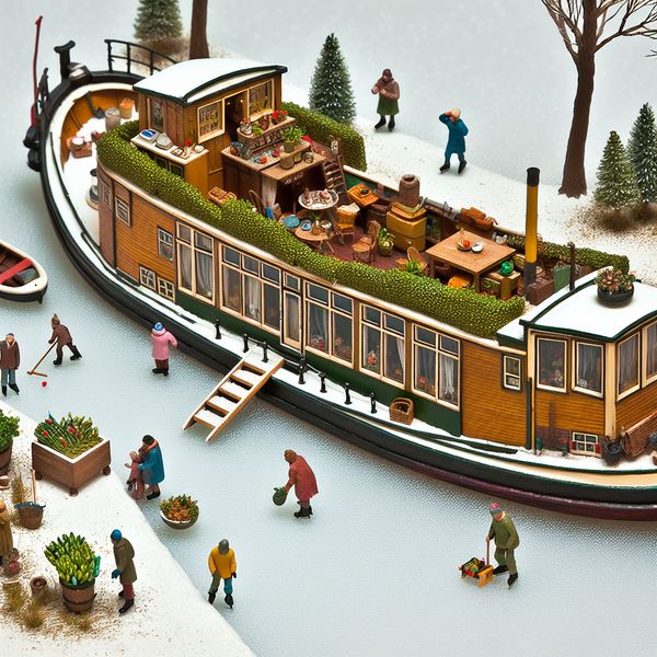 Gezellig ingerichte woonboot aan bevroren Amsterdamse gracht met schaatsers en winterse sfeer in de stijl van Hendrick Avercamp