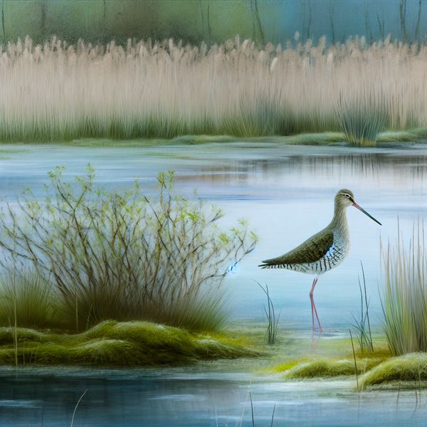 Woudloper bij Kalm Water in Natuurreservaat Elegante woudloper staat aan de rand van een kalm water in een natuurreservaat, omringd door weelderige wetlands en zachte planten.