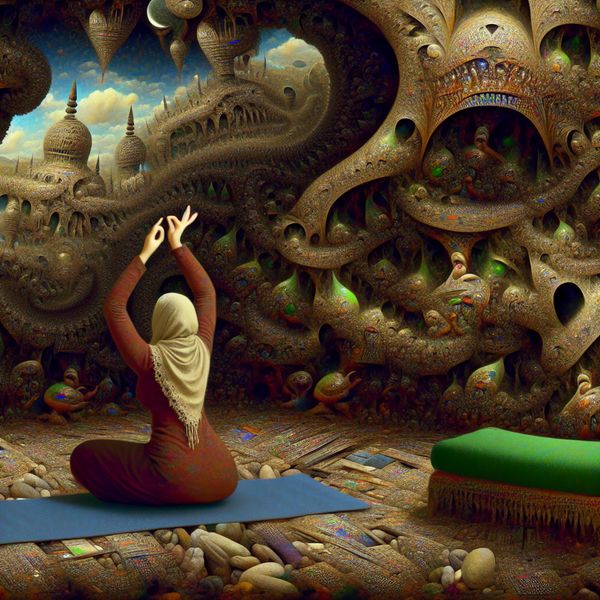 Yoga in Surrealistisch Fantasielandschap met Wezens Persoon doet yoga in een surrealistisch landschap met vreemde wezens