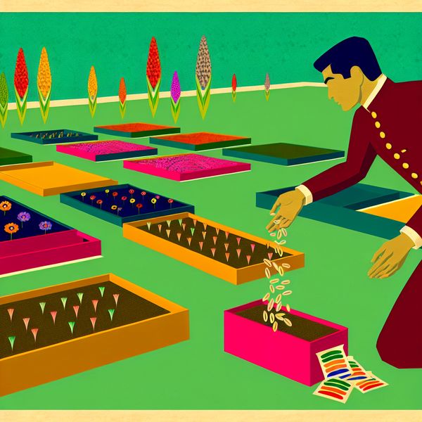 Zaden Verspreiden in een Retro-Futuristische Tuin Een persoon verspreidt zaden in een kleurrijke retro-futuristische tuin met geometrische vormen en levendige bloemen.