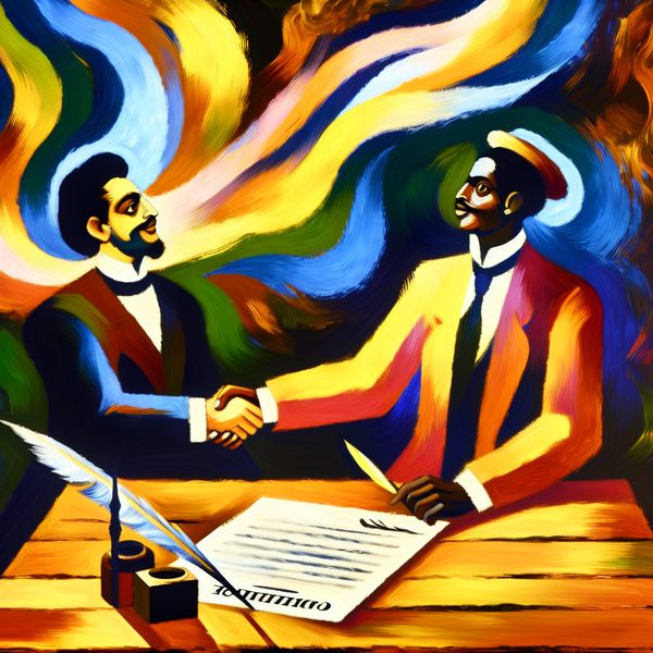 Twee zakenmannen schudden elkaar de hand bij het sluiten van een overeenkomst, geschilderd in de expressieve stijl van Vincent van Gogh met levendige kleuren en dynamische penseelstreken