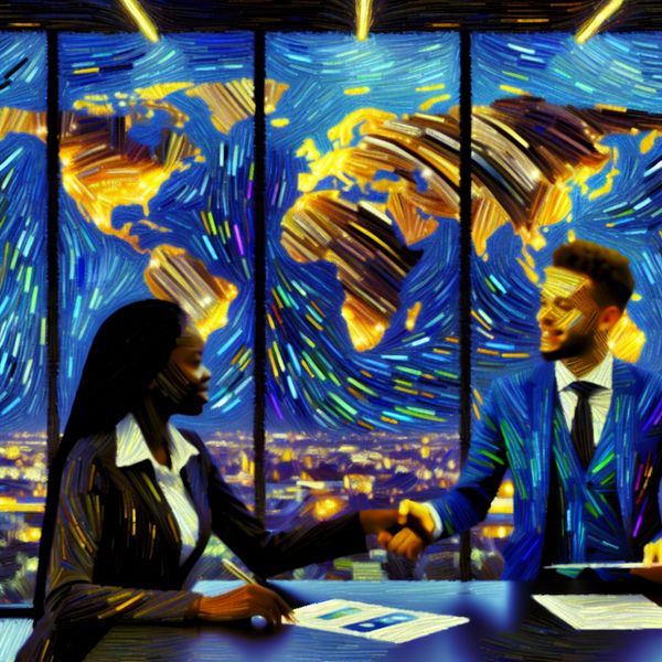 Zakelijke relaties en professioneel contact in Van Gogh-stijl schilderij Twee professionals geven elkaar een hand in een moderne kantooromgeving met een wereldkaart op de achtergrond, symboliserend zakelijke relaties en internationale samenwerking in Van Gogh-stijl