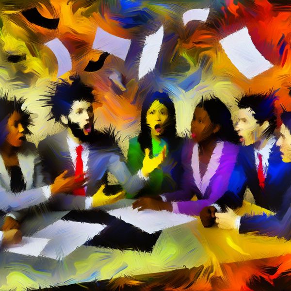 Abstracte uitdrukking van een zakelijke vergadering over beleidswijzigingen met vervormde figuren en intense emoties.