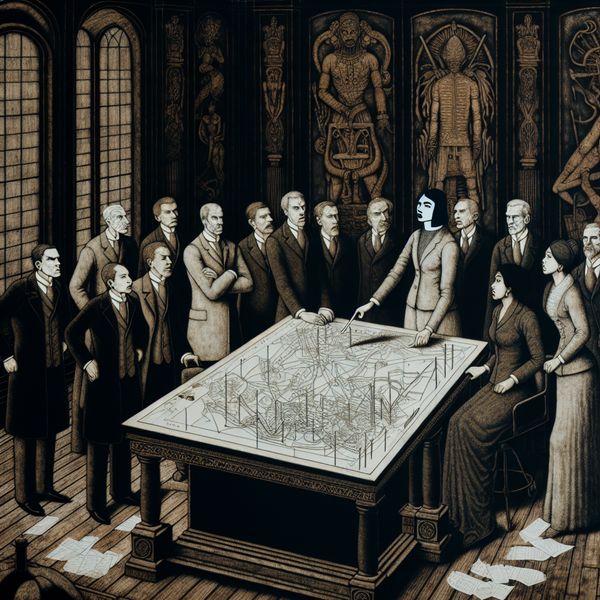 Zakenmensen verzameld rond een tafel met financiële grafieken in een gotisch kantoor