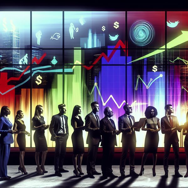 Zakelijke professionals analyseren financiële trends Een groep diverse zakenprofessionals bekijkt grote kleurrijke grafieken op een scherm in een modern kantoor met uitzicht over de stad.