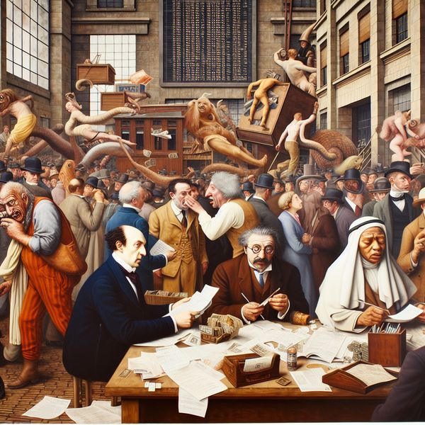 Zakenwereld gemeenschap schilderij in Jan Steen stijl - Nederlandse bedrijfscultuur Levendige schilderij in de stijl van Jan Steen van een chaotische zakenwereld met professionals, onderhandelingen, geld en een drukke achtergrond met een beurskoers en kantoorgebouwen