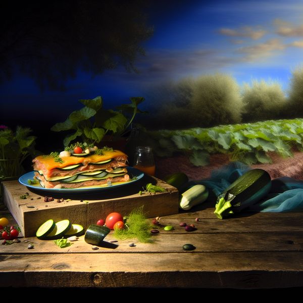 Zalm en Courgette Lasagne: Een Alternatief voor Traditionele Lasagne Mooi gepresenteerd bord met lasagne van zalm en courgette op een rustieke houten tafel