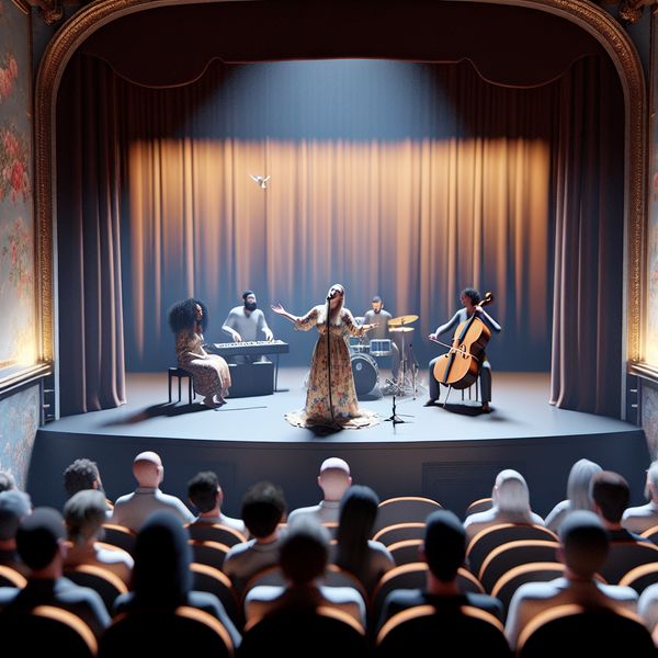 Een zangeres optredend op een verlicht podium in een theater, omringd door muzikanten en een gebiologeerde menigte.