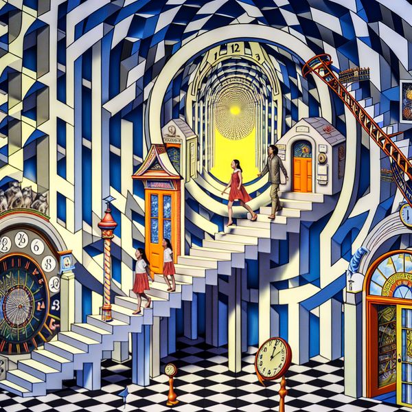 Surrealistische trap in M.C. Escher-stijl met dagen van de week, waarbij 'zaterdag' opvalt met een gezin dat naar een pretpark loopt