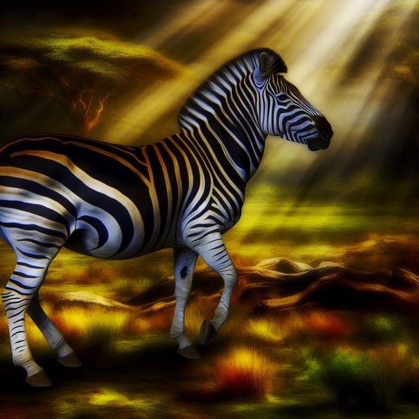 Zwart-wit contrast bij zebra in barokke savanne schilderij stijl Rubens Zebra met opvallend zwart-wit contrast in een zonovergoten savanne, barokstijl