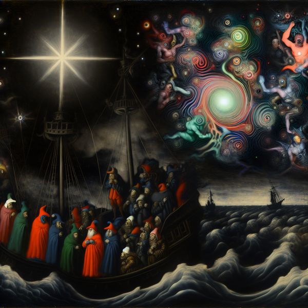Sailors Navigating by the North Star in a Surreal Scene Sailors navigating at night using the North Star amidst surreal celestial creatures.