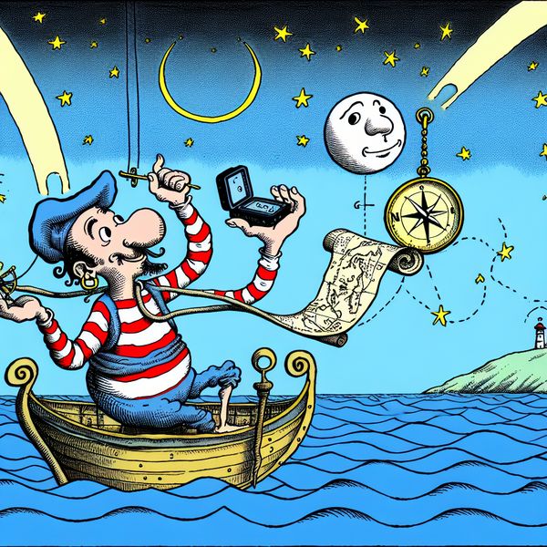 Traditionele vs moderne navigatie: zeevaart in cartoonstijl Vrolijke zeeman vergelijkt oude zeekaart met moderne GPS op een kleurrijk bootdek onder een sterrenhemel met satelliet