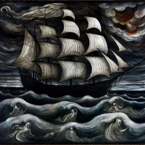 Een zeilboot vaart snel over een donkere, woelige zee met wapperende zeilen, omgeven door dreigende stormachtige wolken.