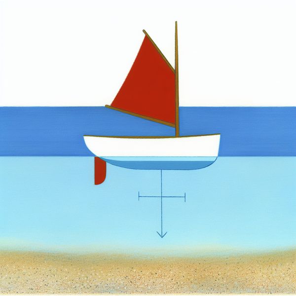Kleine zeilboot met neergelaten zwaard in helder ondiep water, minimalistische illustratie in stijl van Dick Bruna