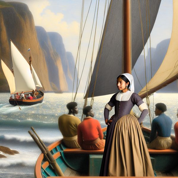 Zeezeilen leren: vrouwelijke instructeur op zeilboot Vrouwelijke instructeur leert zeilen op een traditionele zeilboot, met studenten in de achtergrond.