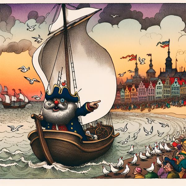 Een luchtig en cartoonachtig tafereel van een zeilschip dat een drukke haven binnenvaart bij zonsondergang, met een blije kapitein en kleurrijke gebouwen.