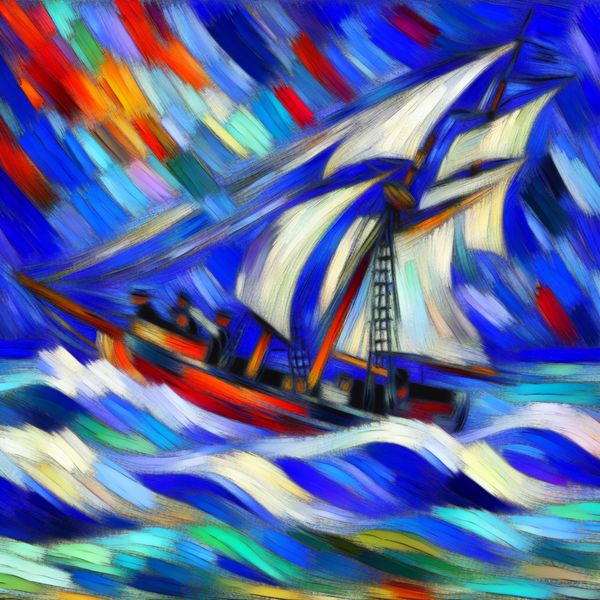 Zeilschip dat halst: dynamische scheepvaartmanoeuvre in abstracte stijl Abstract schilderij van een zeilschip dat halst, met felle kleuren en dynamische penseelstreken in de stijl van Karel Appel