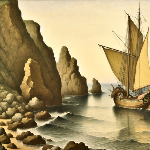 Varen langs de kust: zeilschip manoeuvreert dicht bij rotsen in Vermeer-stijl Klein houten zeilschip dat nauwkeurig langs een rotsachtige kust vaart in een serene zee, stijl van Johannes Vermeer