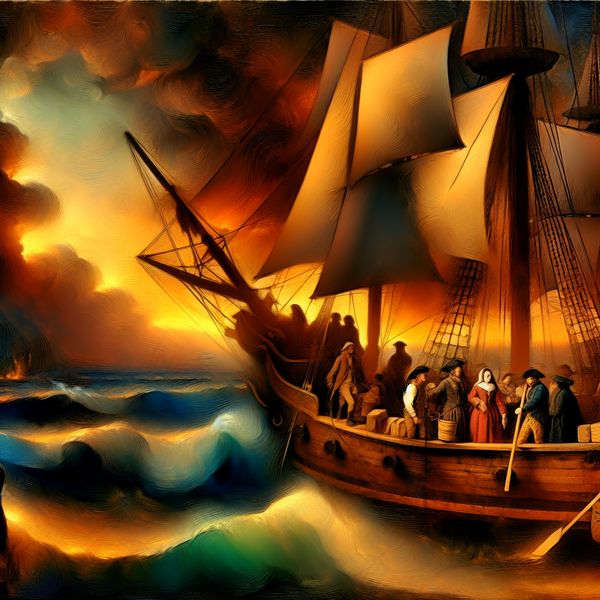 Avontuurlijke Zeiltocht op een Oud Schip Groep opgewonden mensen die zich voorbereiden om te vertrekken met een prachtig oud schip onder een glorieuze zonsondergang.