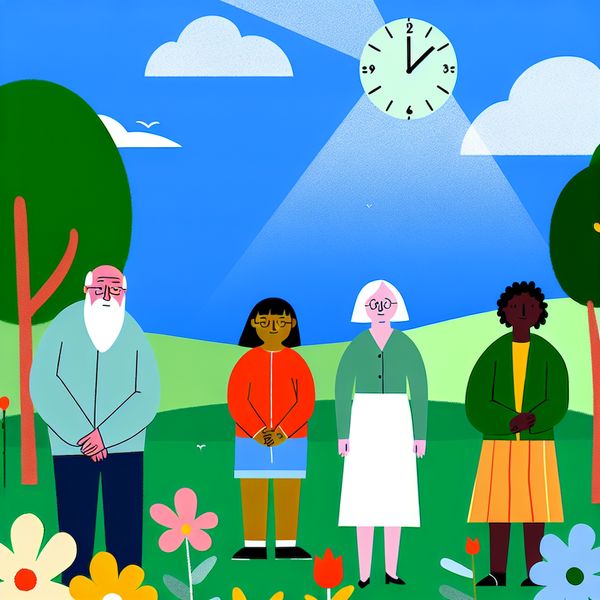 Minimalistische illustratie van een diverse groep mensen die samen naar een klok kijken in een zonnig park.