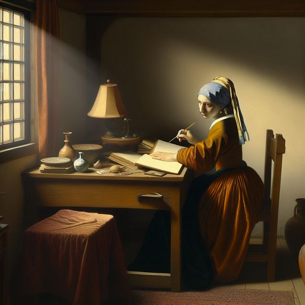 Zelfbeheersing en discipline bij studeren in Vermeer-stijl schilderij Jonge vrouw studeert geconcentreerd aan een houten bureau in een rustige, zonovergoten kamer, omringd door boeken en schrijfgerei, symbool voor zelfbeheersing en discipline
