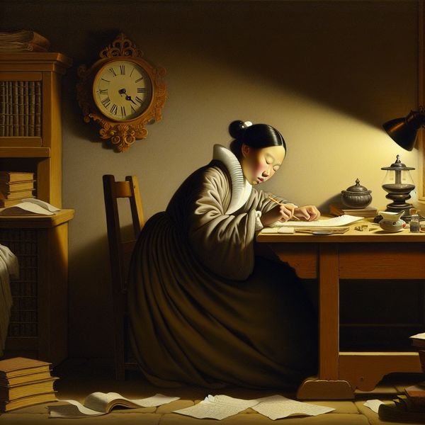 Jonge student met zelfbeheersing studeert geconcentreerd aan een houten bureau in een rustige kamer, omringd door boeken en een inktpot, in de stijl van Vermeer